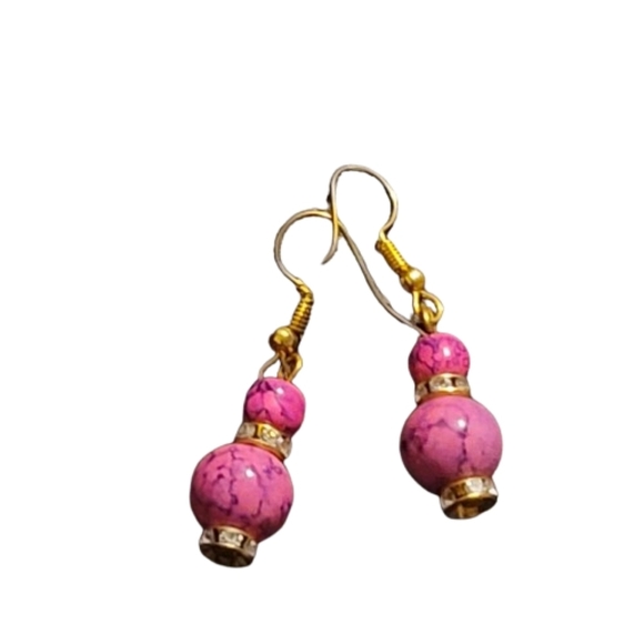 FUSHIA EARRINGS beads crown of rhinestones pierced beautiful - Picture 1 of 3